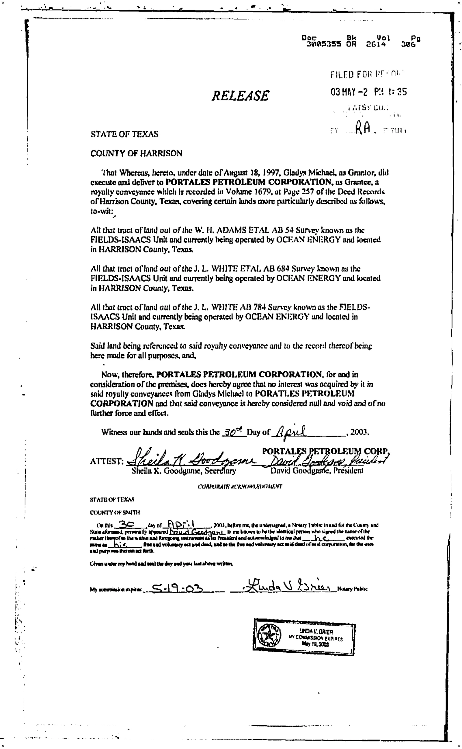 Portales Petroleum Corp - Recorded Release Of Lien (Vol. 2614, Page 306)