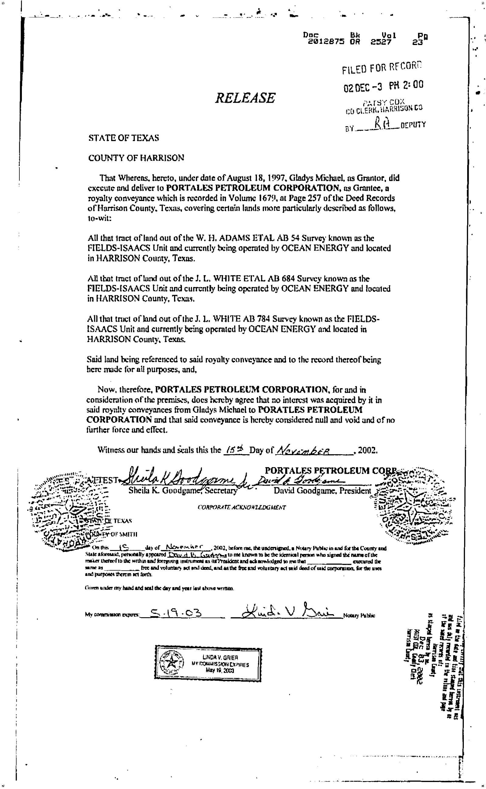 Portales Petroleum Corp - Recorded Release (Vol. 2527, Page 23)